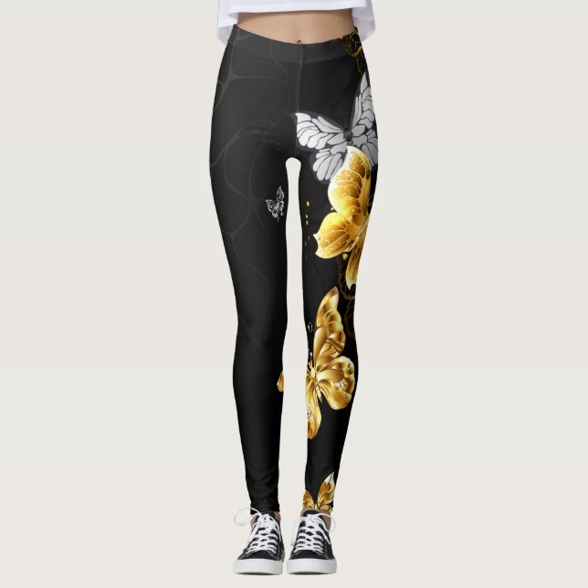 Guld och vita fjärilar leggings (Framsida)