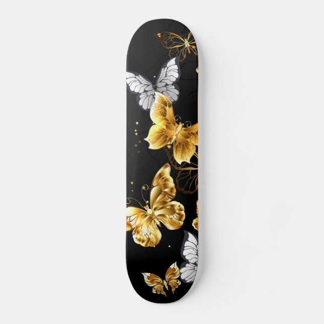 Guld och vita fjärilar mini skateboard bräda 18,5 cm (Framsida)