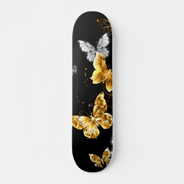 Guld och vita fjärilar mini skateboard bräda 18,5 cm (Framsida)