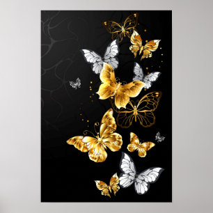Guld och vita fjärilar poster