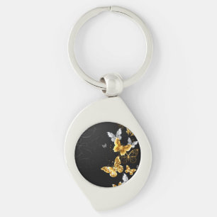 Guld och vita fjärilar swirl silverfärgad nyckelring