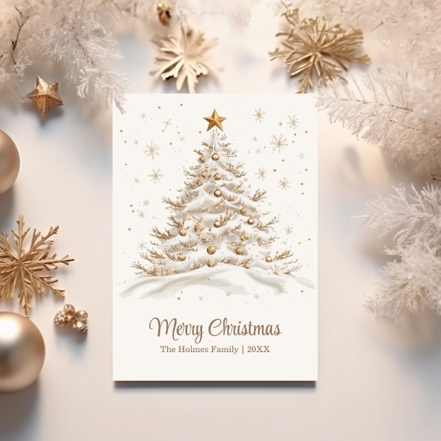 Guld och Vita Julgran i Snö Julkort (Gold and White Christmas Tree in Snow Holiday Card on a white table with golden Christmas ornaments)