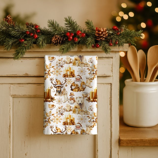 Guld och vita julsymboler kökshandduk (Skapare uppladdad)