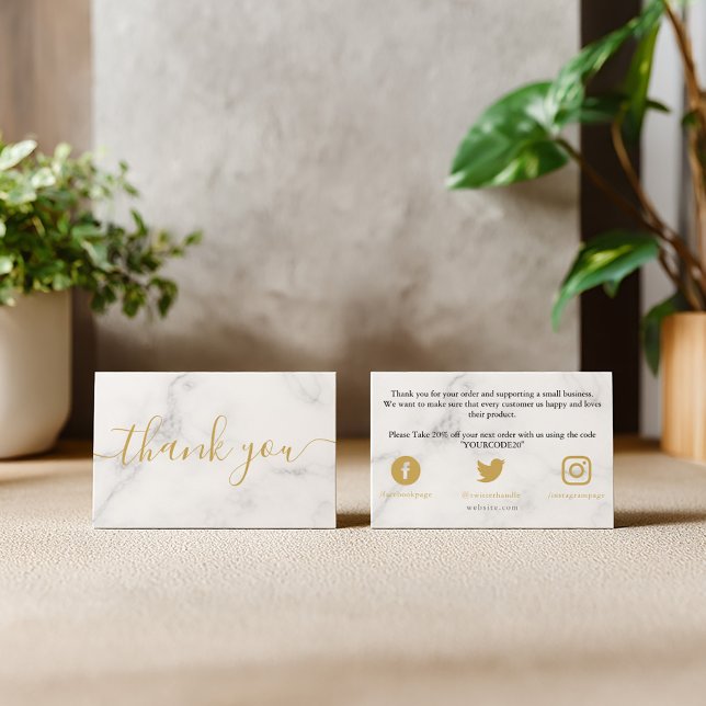 Guld och vita marmor, tack till kunden tilläggskort (Gold and white marble effect, customer thank you enclosure card for your packaging.)