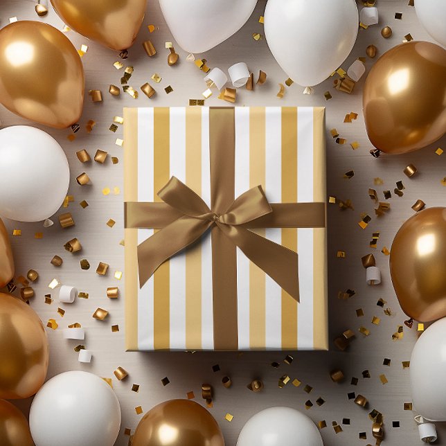 Guld och vita rand Gott nytt år Presentpapper (Gold and white stripes Happy New Year Wrapping Paper)