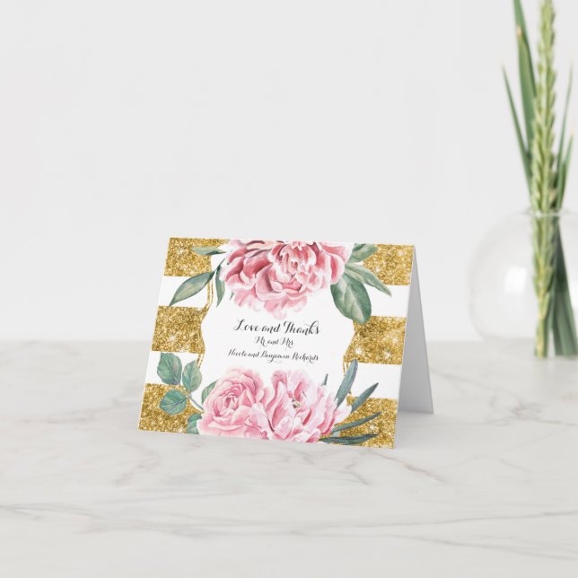 Guld- och vita randiga blommiga bröllop tackkort (Framsida)