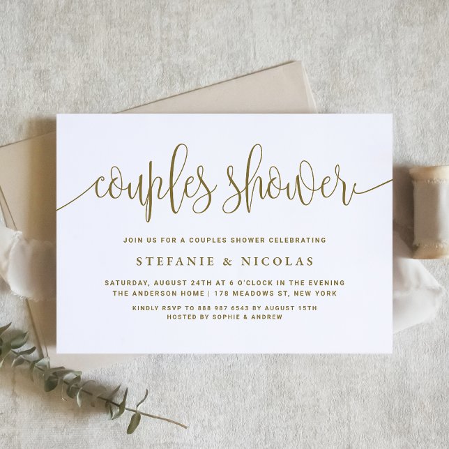 Guld och Vita Söt Calligraphy Par Shower Inbjudningar (Skapare uppladdad)