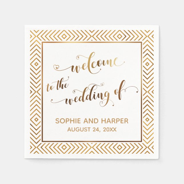 Guld och Vita Välkomna till Bröllop Pappersservett (Framsidan)
