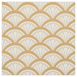 Guld och White Art Deco Fläkt Flowers Mönster Tyg
