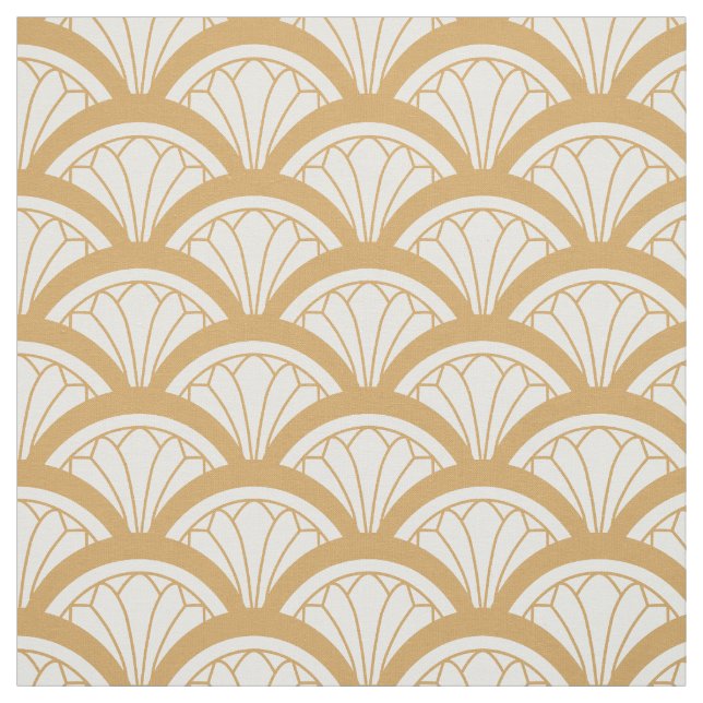 Guld och White Art Deco Fläkt Flowers Mönster Tyg (Provkarta)