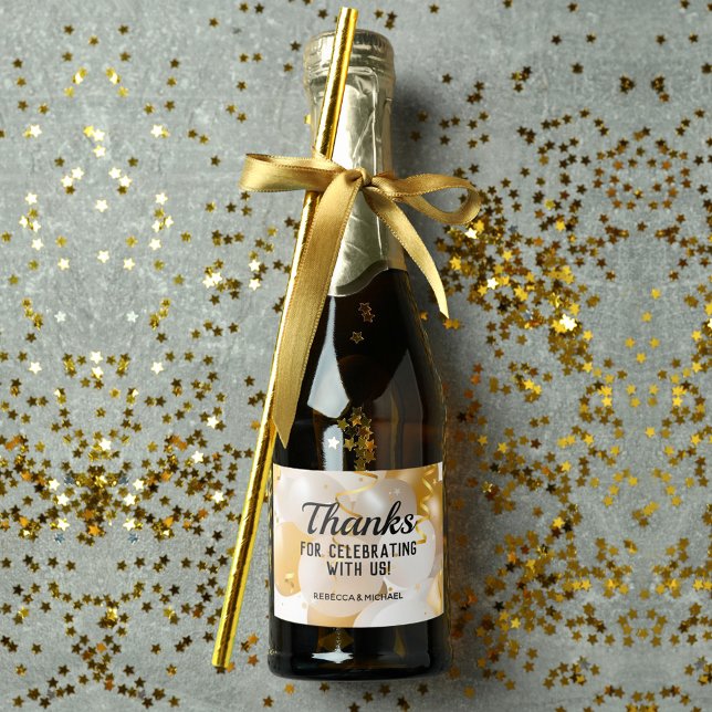 Guld och White Balloons Streamers Mini (Thank you gold white balloons on mini sparkling wine labels personalized for your occasion)