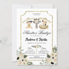 Guld och White Blommigt Twin Boy Bautizo Inbjudningar