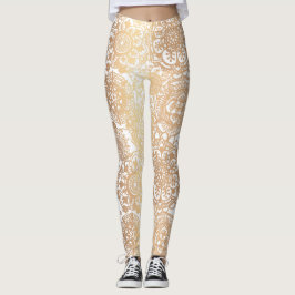Guld och White Boho Mandala Mönster Yoga Leggings