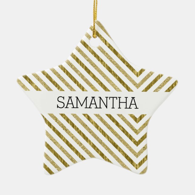 Guld och White Chic Chevron Julgransprydnad Keramik (Framsidan)