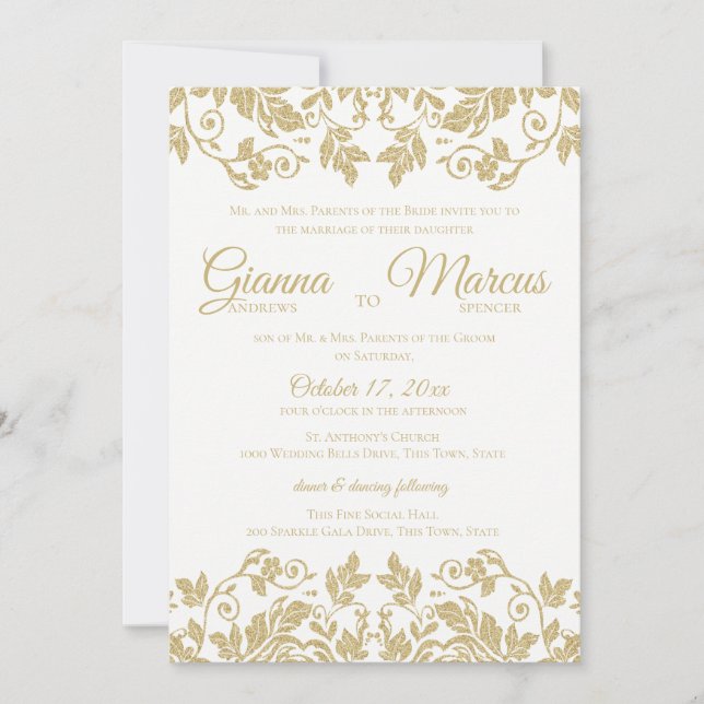 Guld och White Damask Wedding Inbjudningar (Framsida)