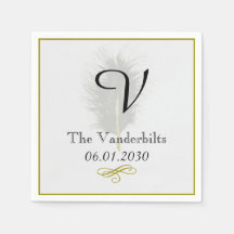 Guld och White Feather Monogram Bröllop Napkin