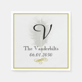 Guld och White Feather Monogram Bröllop Napkin Pappersservett