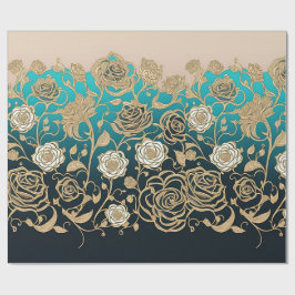 Guld och White Flowers Turquise och Black Presentpapper