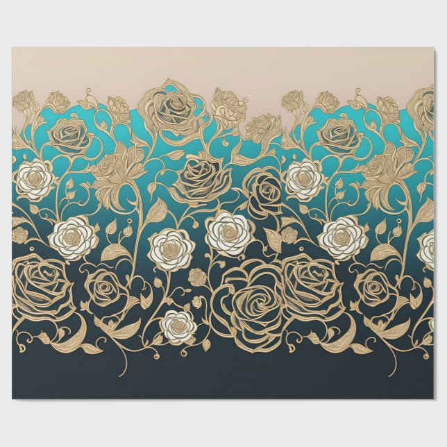 Guld och White Flowers Turquise och Black Presentpapper (Platt)