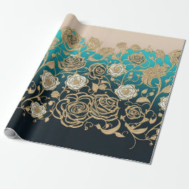 Guld och White Flowers Turquise och Black Presentpapper