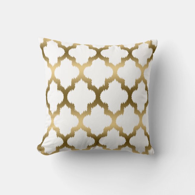 Guld och White Ikat Quatrefoil Geometric Mönster Kudde (Framsida)