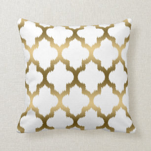 Guld och White Ikat Quatrefoil Geometric Mönster Kudde