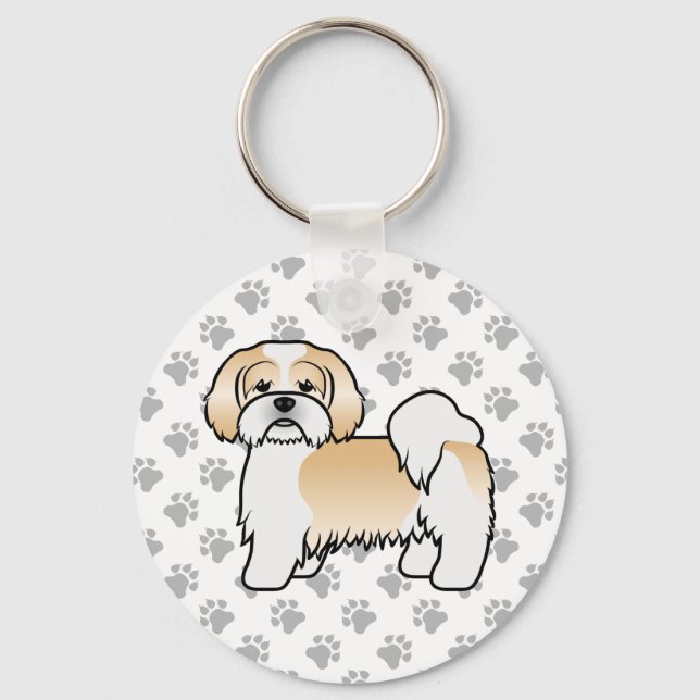 Guld och White Lhasa Apso Cute Tecknad hund Nyckelring (Framsida)