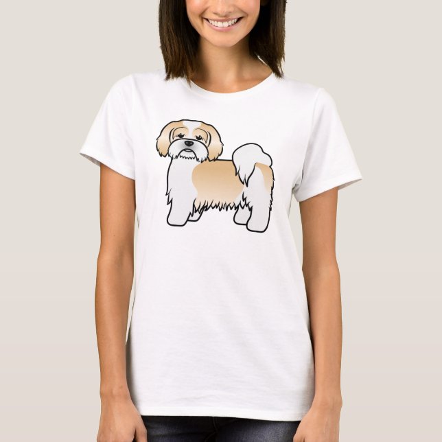 Guld och White Lhasa Apso Cute Tecknad hund T Shirt (Framsida)
