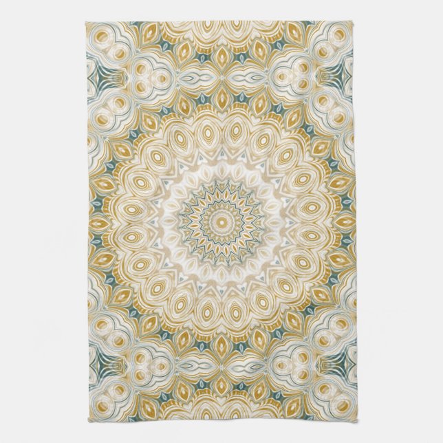 Guld och White Mandala Mönster med Teal Accents Kökshandduk (Vertikal)
