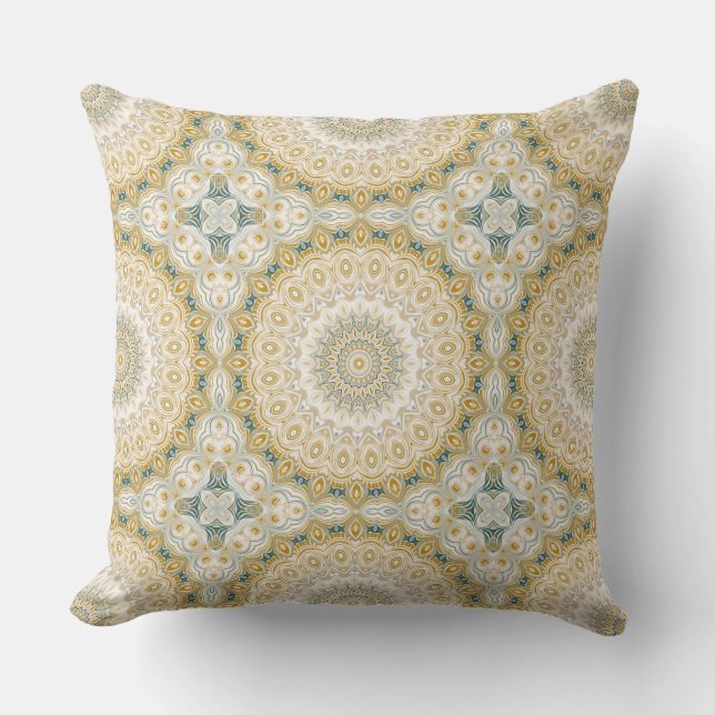 Guld och White Mandala Mönster med Teal Accents Kudde (Framsida)