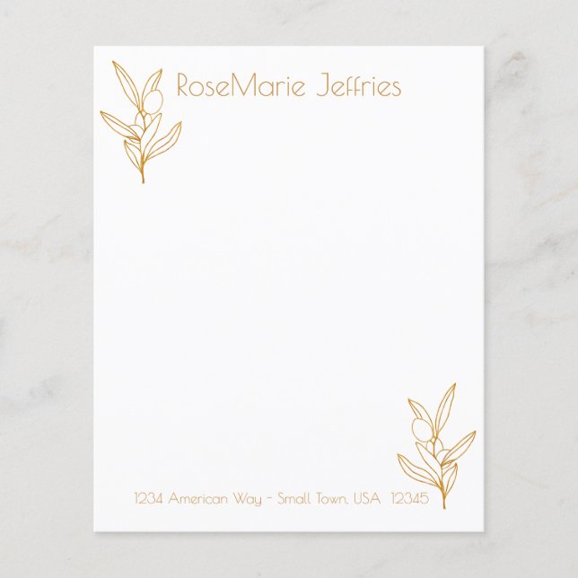 Guld och White Olive Stems Personal Stationery (Framsida)