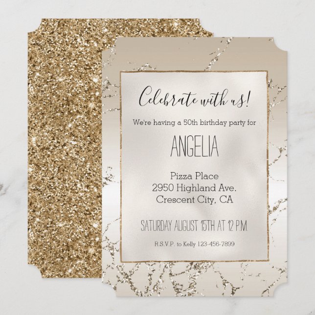 Guld och White Ombre Marble Glitz Inbjudningar (Fram/baksida)