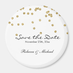 Guld och White Polka dots Glitter Spara datum Magnet
