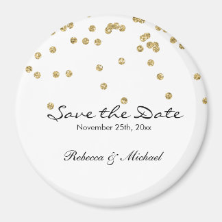 Guld och White Polka dots Glitter Spara datum Magnet