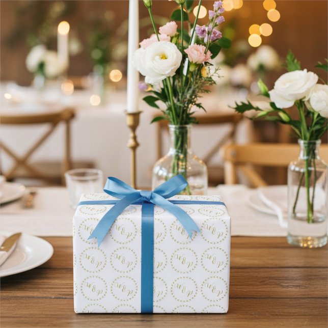 Guld och Whtie Bride och Groom Monogrammed Presentpapper (Skapare uppladdad)
