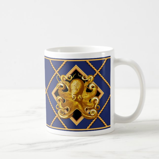 Guld Octopus Frakt Rope Navy Blue Nautical Mugg/Ko Kaffemugg (Höger)