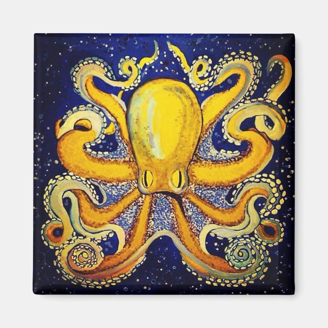 Guld Octopus i blått Magnet (Framsidan)
