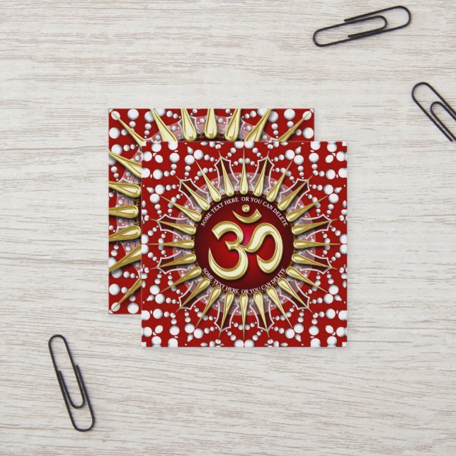 Guld OM Holistic Red White Mandala Square Fyrkantigt Visitkort (Fram/Back In Situ)