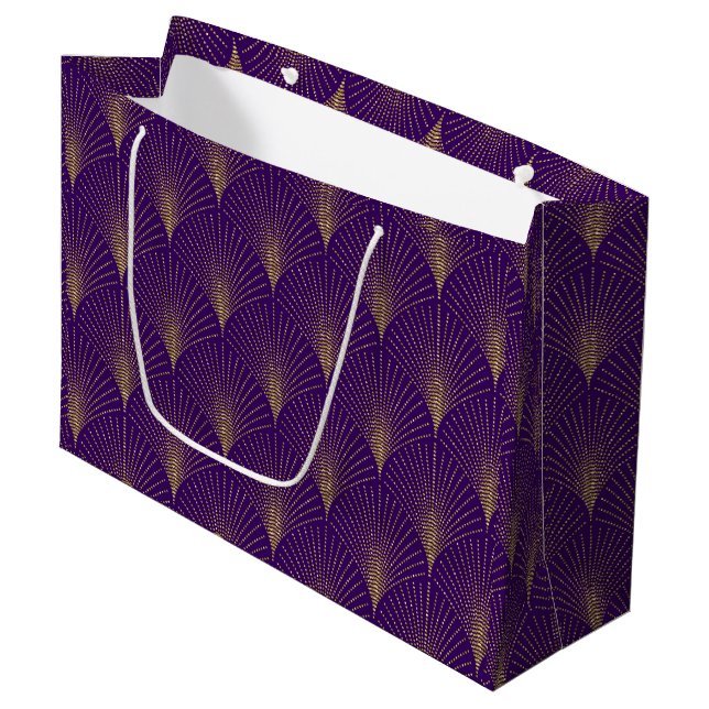 Guld om Lila Art Deco Mönster Large Gift Bag (Framsidan Vinklad)