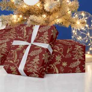 Guld om Mörk-Röda julsymboler Mönster Presentpapper