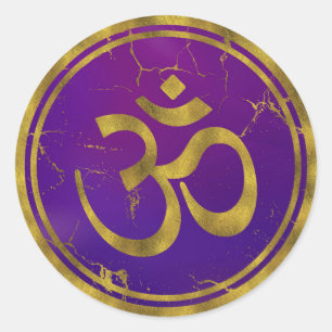 Guld OM-symbol - Aum, Omkara på Lila/Indigo Runt Klistermärke