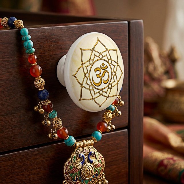 Guld Om-symbol på helig lotus Knopp (Ceramic knob featuring a gold stylized om symbol with lotus flower)