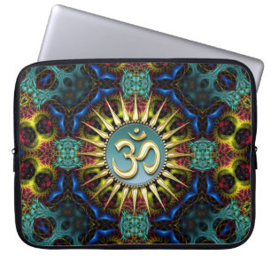Guld OM Teal+Blå Fraktal Gobeläng Bärbar Dator Fod Laptop Sleeve