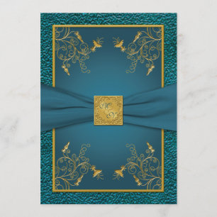 Guld om Teal Monogrammed-bröllopsinbjudan Inbjudningar