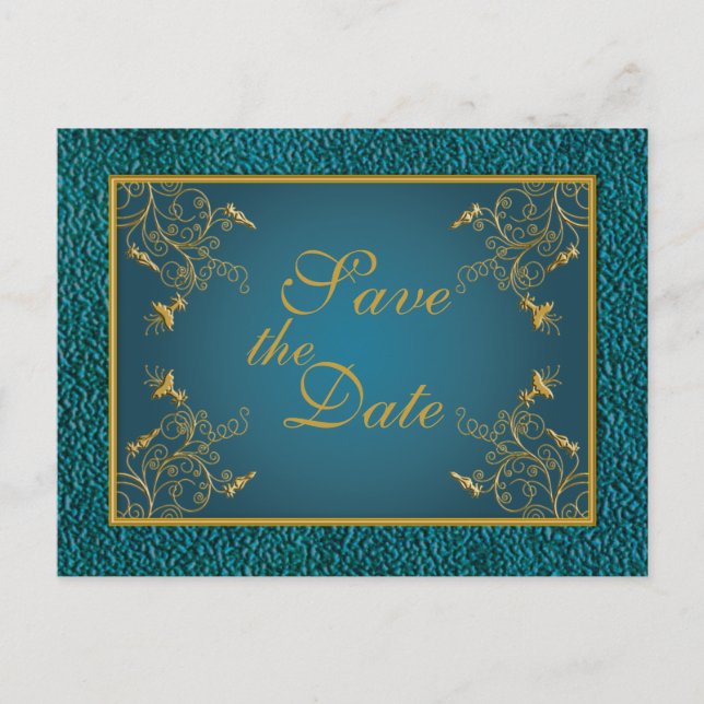 Guld om Teal Save Date Postcard Vykort (Framsida)