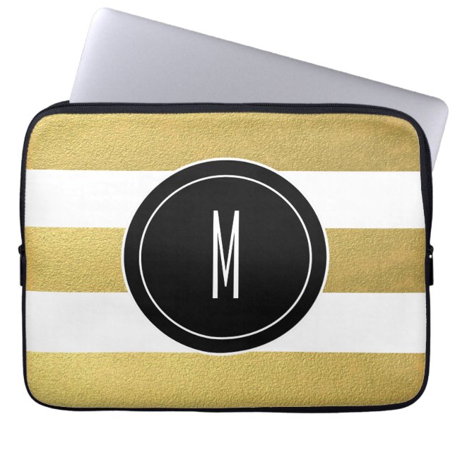 GULD OMKULLKASTAR DEN SVART MONOGRAMEN FÖR RANDAR LAPTOP SLEEVE (Framsidan)
