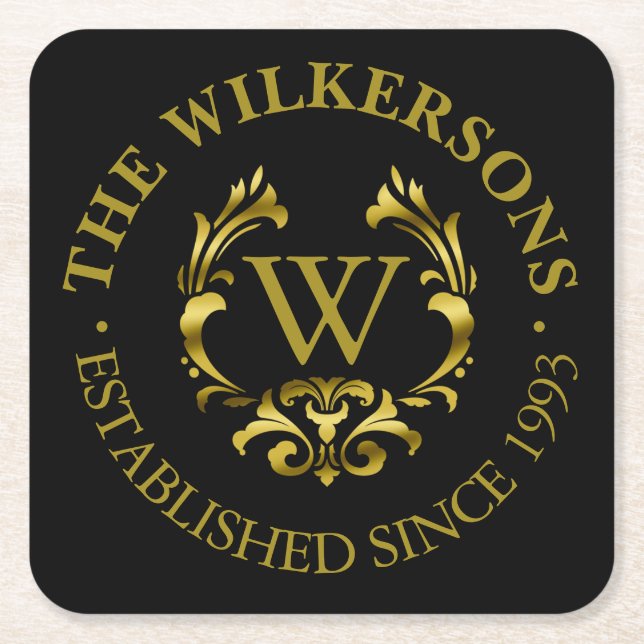 Guld omkullkastar MonogramEmblem | väljer din färg Underlägg Papper Kvadrat (Framsidan)