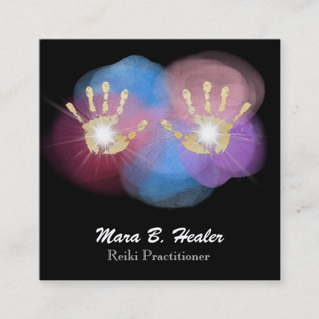 *~*guld omkullkastar Reiki som läker händer som Fyrkantigt Visitkort (Framsida)