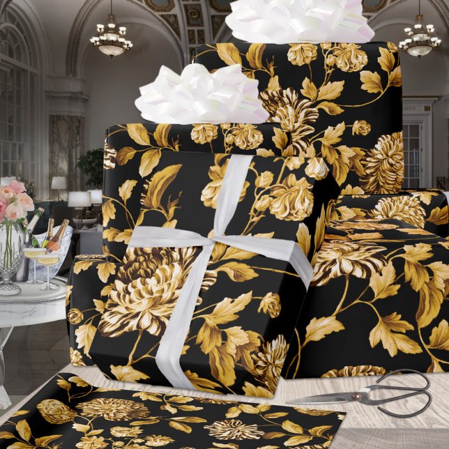 Guld on Black Modern Vintage Blommigt Toile Presentpapper (Skapare uppladdad)