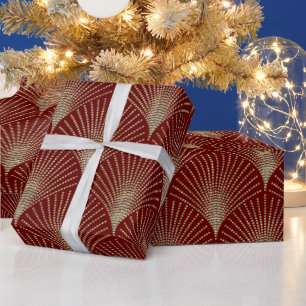Guld on Red Geometric ArtDeco Mönster Wrapping P Presentpapper